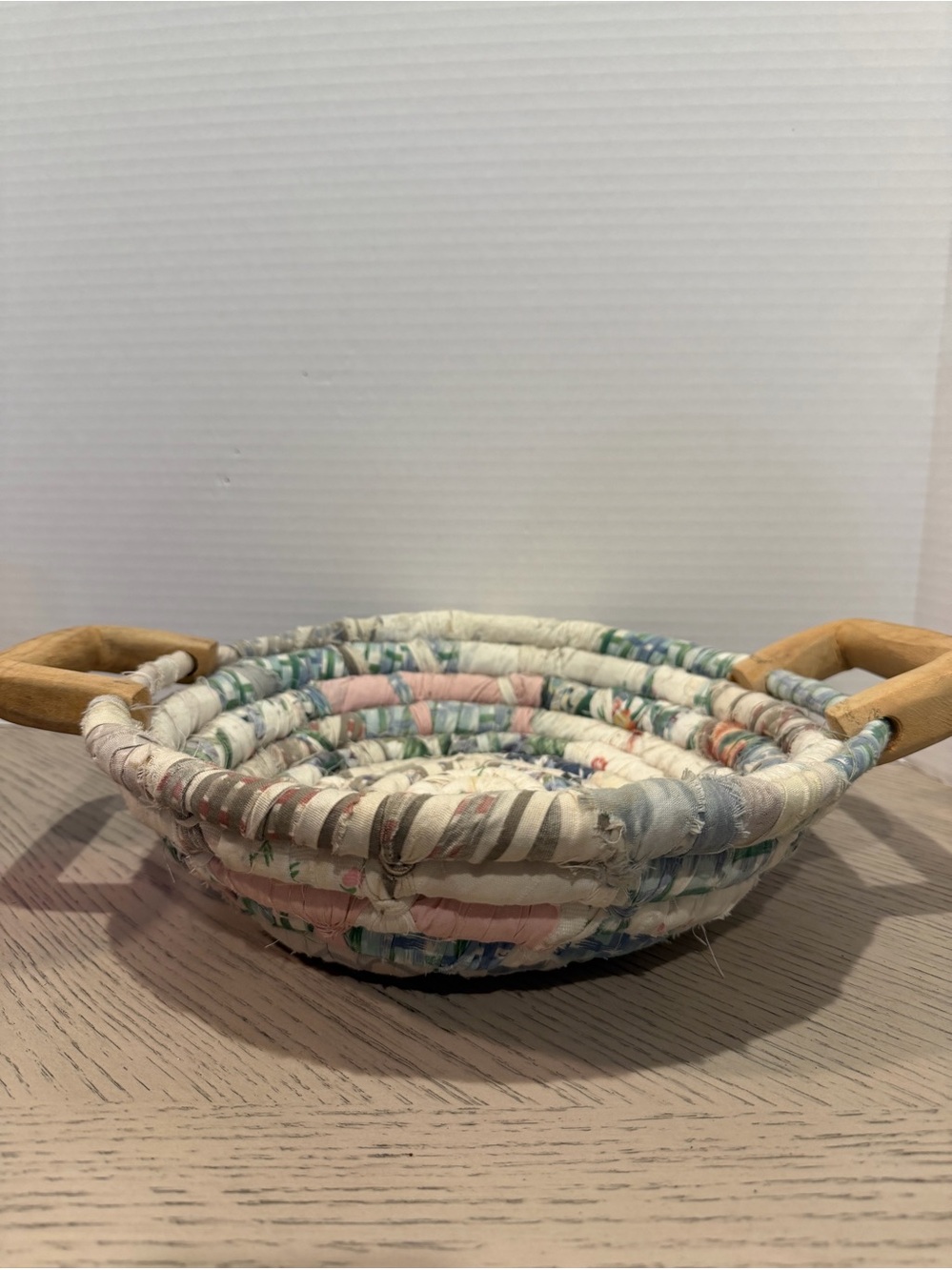 VINTAGE FABRIC WOVEN BASKET 2 WOODEN HANDLES 11”x 3”